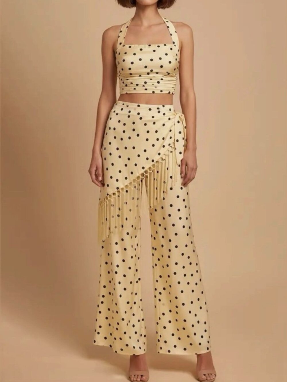 Three-Piece Matching Set Polka Dot Halter Top Pants Scarf Fringe SZ S M L Ivory